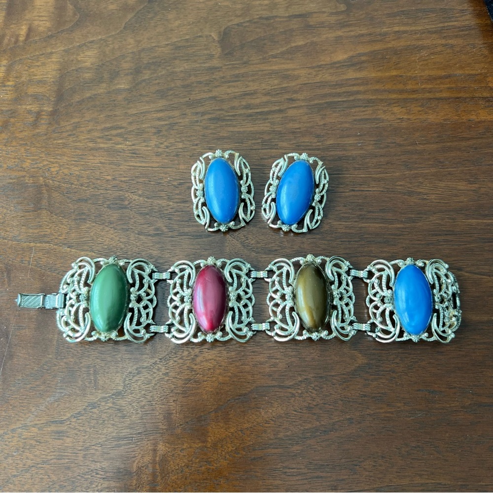 Sarah Coventry Vintage Multicolor Carousel Bracelet & Earrings Set Oval Cabochon